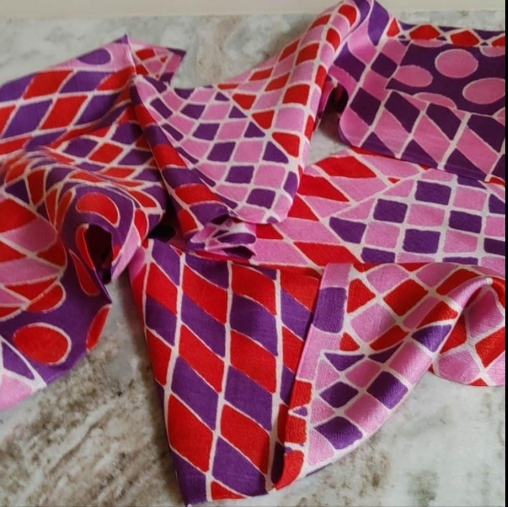 Vintage Sash Scarf Wrap in Circle Diamond Square Print Pink Purple Orange White - Picture 8 of 16